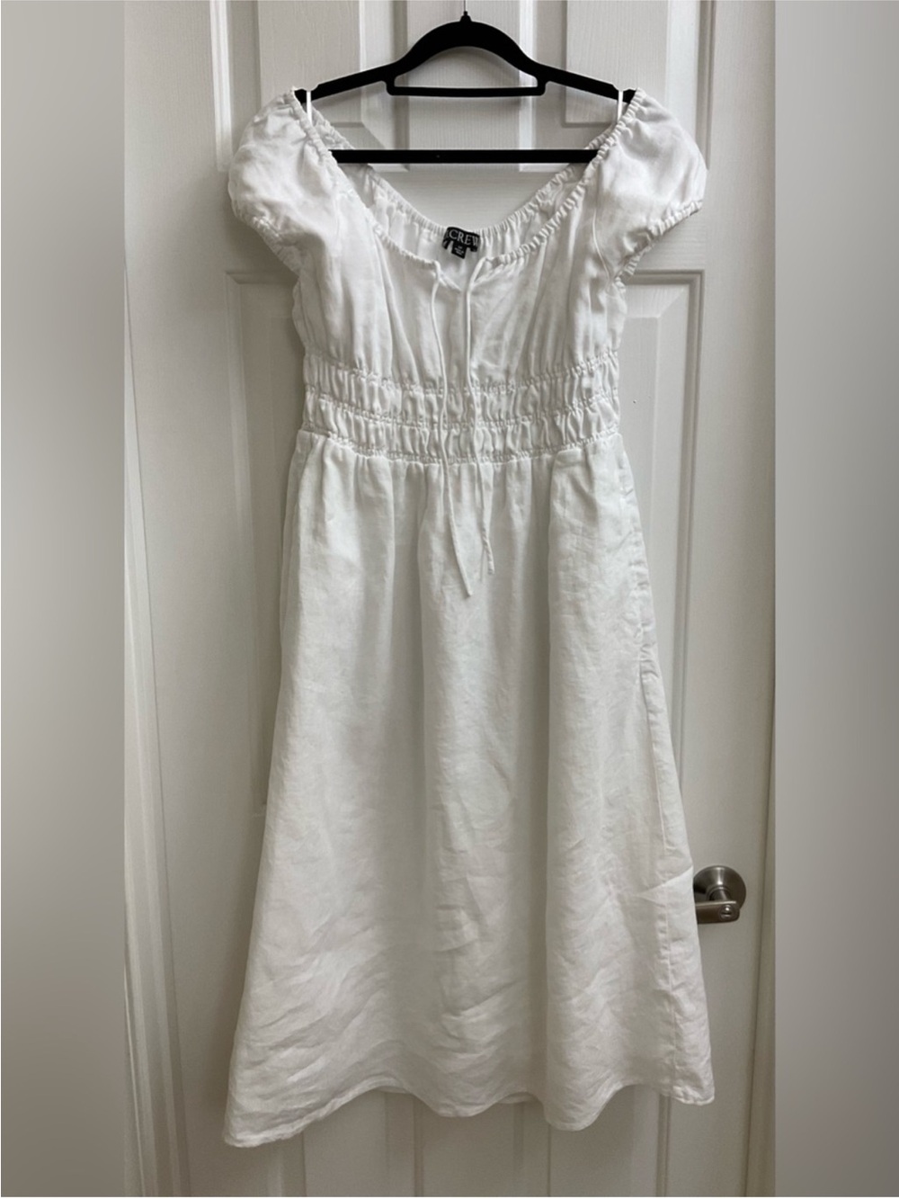 J. Crew White Puff Sleeve Smocked Waist Midi Dress